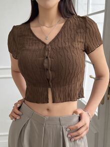 DAZY Áo nữ Xù nhỏ Nút phía trước màu trơn Giải trí - Cà phê nâu - Xem 8