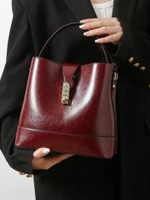 時尚,極簡,休閒,高端大容量油皮時尚手提包,酒紅色包袋,新年理想女孩、少女禮物 - 酒紅色 - 查看 1