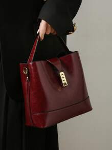 時尚,極簡,休閒,高端大容量油皮時尚手提包,酒紅色包袋,新年理想女孩、少女禮物 - 酒紅色 - 查看 3