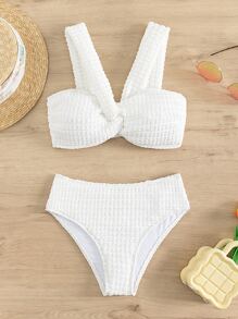 SHEIN Swim Textured Bộ Bikini Dây đeo rộng Mặt trước xoắn Áo & Hipster Đáy 2 mảnh Bộ đồ tắm - trắng - Xem 6