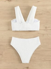 SHEIN Swim Textured Bộ Bikini Dây đeo rộng Mặt trước xoắn Áo & Hipster Đáy 2 mảnh Bộ đồ tắm - trắng - Xem 2