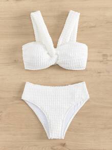 SHEIN Swim Textured Bộ Bikini Dây đeo rộng Mặt trước xoắn Áo & Hipster Đáy 2 mảnh Bộ đồ tắm - trắng - Xem 5