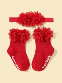 1雙嬰兒花朵裝飾襪子和1入組髮帶