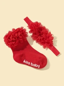 1雙嬰兒花朵裝飾襪子和1入組髮帶