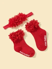 1雙嬰兒花朵裝飾襪子和1入組髮帶