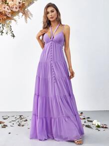 Tie Backless Ruffle Hem Chiffon Cami Dress - Lilac Purple - View 1