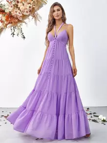 Tie Backless Ruffle Hem Chiffon Cami Dress - Lilac Purple - View 4