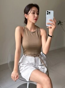 DAZY 實色條紋針織短版背心上衣 - 卡其色 - 查看 1