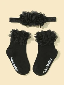 1pair Baby Flower Decor Socks & 1pc Hair Band - Black - View 1