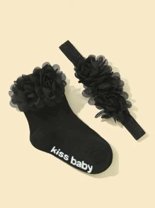 1pair Baby Flower Decor Socks & 1pc Hair Band - Black - View 2