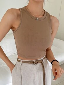 DAZY 實色條紋針織短版背心上衣 - 卡其色 - 查看 3