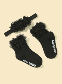 1pair Baby Flower Decor Socks & 1pc Hair Band - Black - View 3
