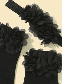1pair Baby Flower Decor Socks & 1pc Hair Band - Black - View 4