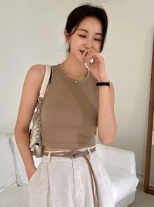 DAZY 實色條紋針織短版背心上衣 - 卡其色 - 查看 4