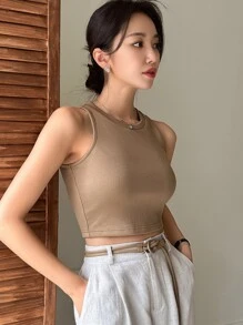 DAZY 實色條紋針織短版背心上衣 - 卡其色 - 查看 5