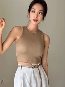 DAZY 實色條紋針織短版背心上衣 - 卡其色 - 查看 6