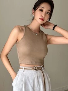 DAZY 實色條紋針織短版背心上衣 - 卡其色 - 查看 7