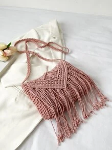 Bolso de ganchillo con diseño de fleco - Rosa - Ver 1