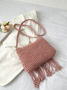 Bolso de ganchillo con diseño de fleco - Rosa - Ver 2