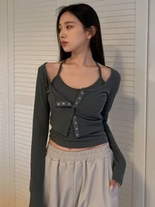 DAZY Camiseta corta con botones delanteros y top tipo camiseta de tirantes, ropa de otoño