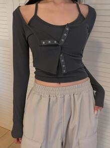 DAZY Camiseta corta con botones delanteros y top tipo camiseta de tirantes, ropa de otoño