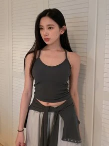 DAZY Camiseta corta con botones delanteros y top tipo camiseta de tirantes, ropa de otoño