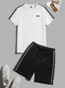 Manfinity Men Letter Graphic Contrast Side Seam Tee & Drawstring Waist Shorts - Black and White - View 1