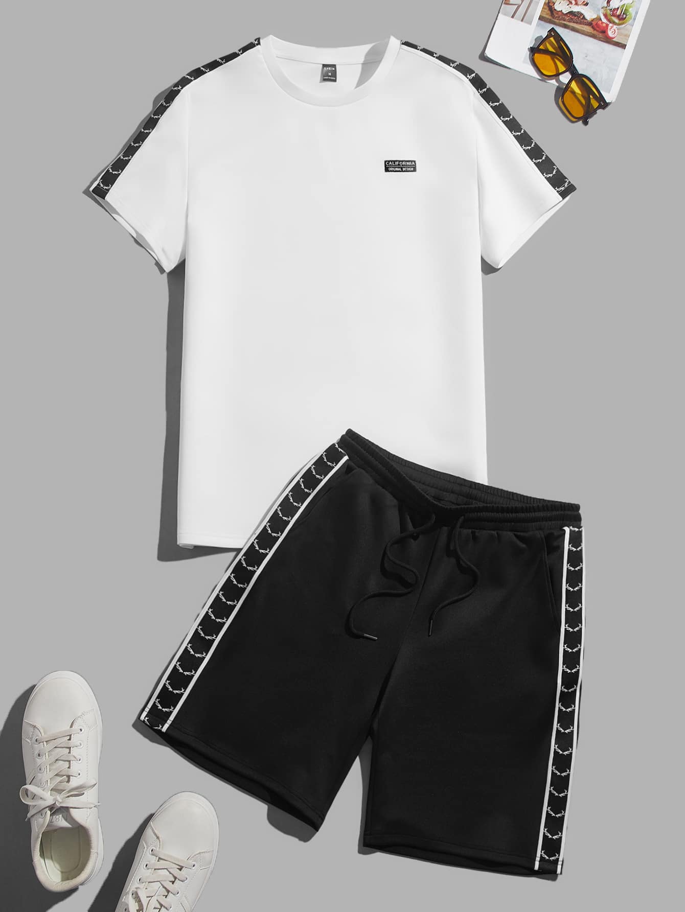 Manfinity Men Letter Graphic Contrast Side Seam Tee & Drawstring Waist Shorts - Black and White - View 1