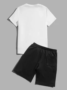 Manfinity Men Letter Graphic Contrast Side Seam Tee & Drawstring Waist Shorts - Black and White - View 2