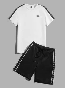 Manfinity Men Letter Graphic Contrast Side Seam Tee & Drawstring Waist Shorts - Black and White - View 3