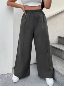 SHEIN EZwear Plus Solid Wide Leg Trousers - Dark Grey - View 1