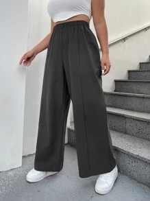 SHEIN EZwear Plus Solid Wide Leg Trousers - Dark Grey - View 3