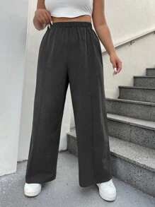 SHEIN EZwear Plus Solid Wide Leg Trousers - Dark Grey - View 4
