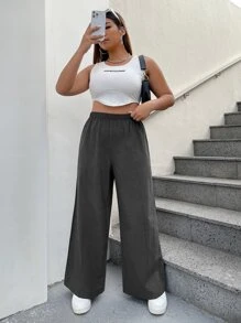 SHEIN EZwear Plus Solid Wide Leg Trousers - Dark Grey - View 6