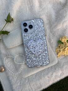 适用于 16 Y2K 闪亮爱心镜面 + 支架，兼容 Galaxy S24u/A05/A35/A15/A25/A24/S23fe/A12345/12345 系列，兼容 14 Pro Max/15/13/12/11/7/8/XS Maxr 系列，Moto G5G2022/G Stylus/G Play/Power 系列，情侣手机壳，国际版，非国内版 - 白色 - 查看 2