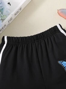 女孩蝴蝶圖案撞色滾邊運動短褲 - 黑色 - 查看 3