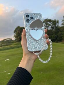 适用于 16 Y2K 闪亮爱心镜面 + 支架，兼容 Galaxy S24u/A05/A35/A15/A25/A24/S23fe/A12345/12345 系列，兼容 14 Pro Max/15/13/12/11/7/8/XS Maxr 系列，Moto G5G2022/G Stylus/G Play/Power 系列，情侣手机壳，国际版，非国内版 - 白色 - 查看 5