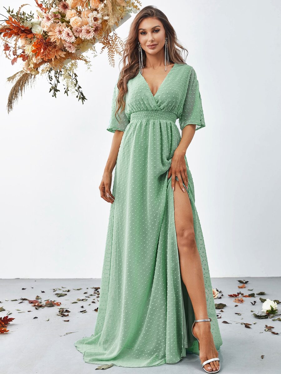 Swiss Dot Split Thigh Chiffon Dress, Bridesmaid Dress - Mint Green - View 1