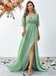 Swiss Dot Split Thigh Chiffon Dress, Bridesmaid Dress - Mint Green - View 3