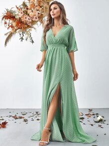 Swiss Dot Split Thigh Chiffon Dress, Bridesmaid Dress - Mint Green - View 4