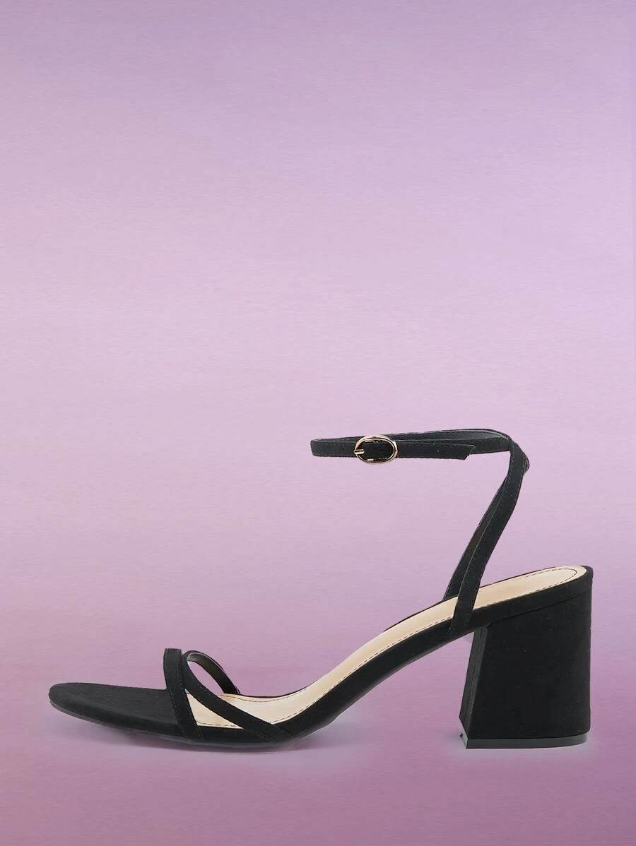 女士極簡粗跟踝帶優雅黑色仿麂皮高跟涼鞋