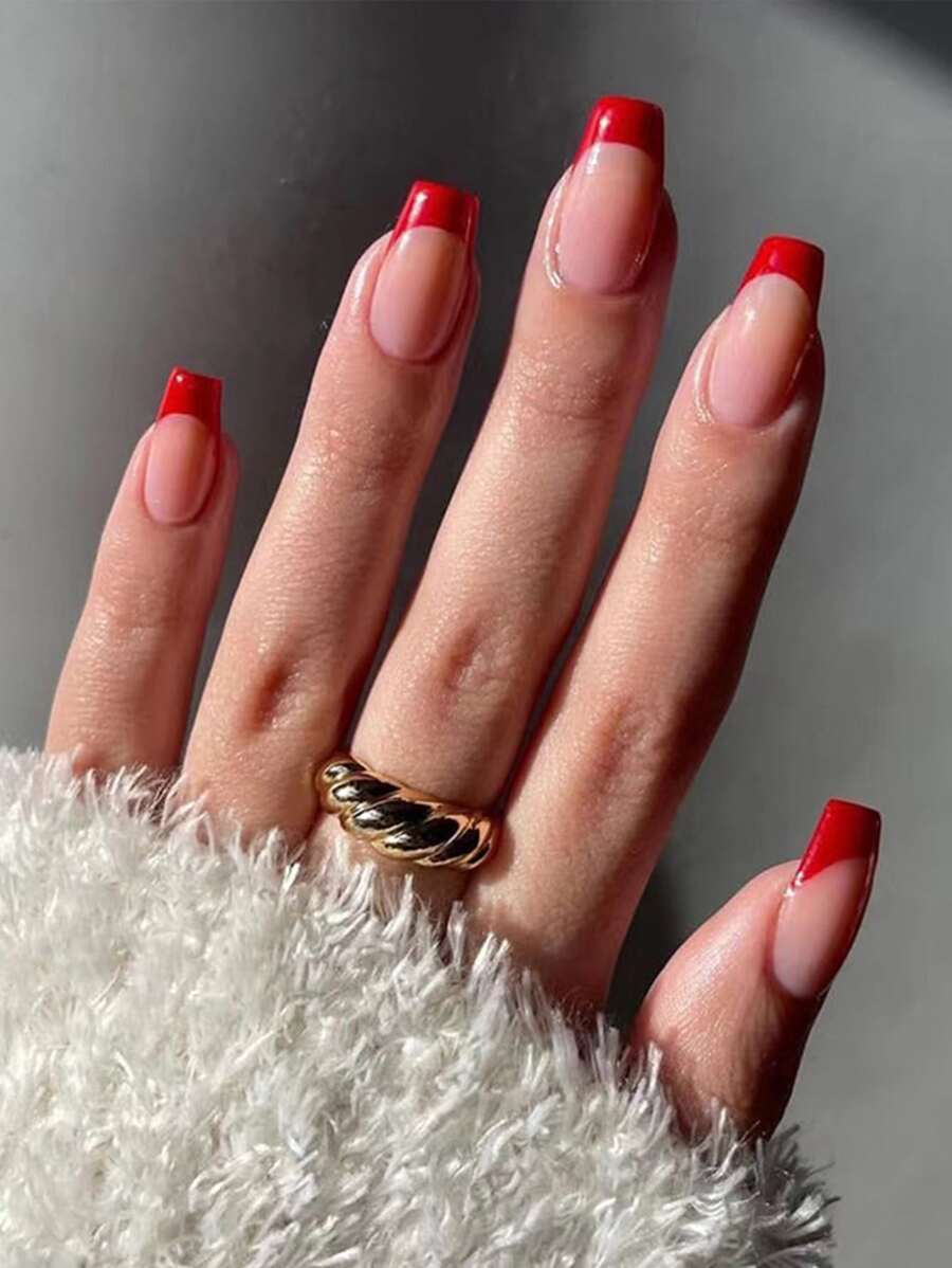 Get Glamorous With 24Pcs Long Square Red French Two Tone Fake Nail & 1Pc Nail File & 1Sheet Tape Press On Nails Nail Supplies Nails - Multicolor - View 1