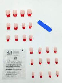 Get Glamorous With 24Pcs Long Square Red French Two Tone Fake Nail & 1Pc Nail File & 1Sheet Tape Press On Nails Nail Supplies Nails - Multicolor - View 2