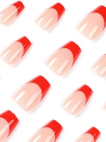 Get Glamorous With 24Pcs Long Square Red French Two Tone Fake Nail & 1Pc Nail File & 1Sheet Tape Press On Nails Nail Supplies Nails - Multicolor - View 3