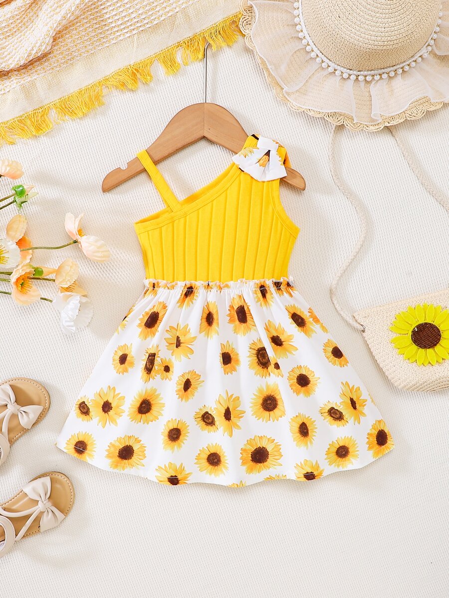 Bebé Vestido con estampado floral con lazo delantero de cuello asimétrico - Multicolor - Ver 1