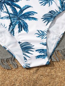 Tween Girl Palm Tree Print Bikini Set With Beach Skirt Summer Beach - Blue and White - View 5