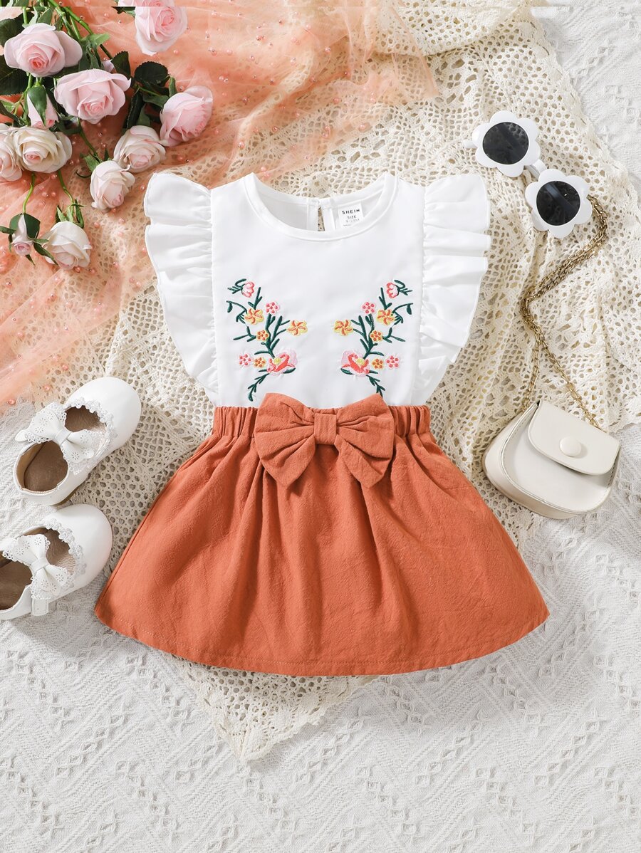 Baby Girl Floral Embroidery Ruffle Trim Keyhole Back Top & Bow Front Skirt - Multicolor - View 1