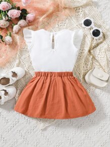 Baby Girl Floral Embroidery Ruffle Trim Keyhole Back Top & Bow Front Skirt - Multicolor - View 2