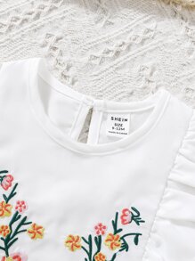 Baby Girl Floral Embroidery Ruffle Trim Keyhole Back Top & Bow Front Skirt - Multicolor - View 3