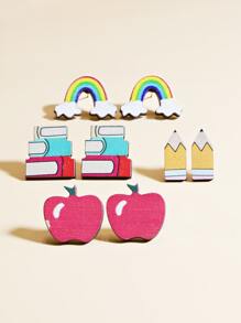 4對/套蘋果和彩虹設計耳釘 - 彩色 - 查看 1